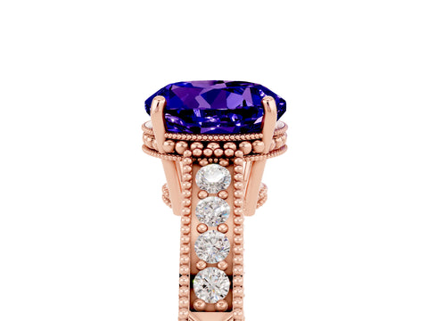 Rose gold Round Cut Tanzanite Ring with Milgrain Pavé Band and Four-Prong Setting_17