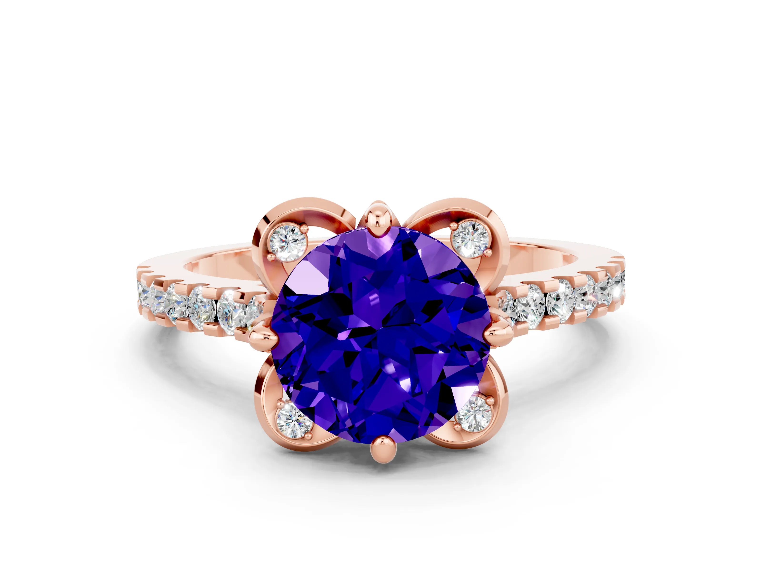 Rose gold Round Cut Tanzanite Ring with Pavé Band and Floral Prong Setting