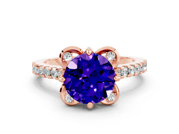 Rose gold Round Cut Tanzanite Ring with Pavé Band and Floral Prong Setting