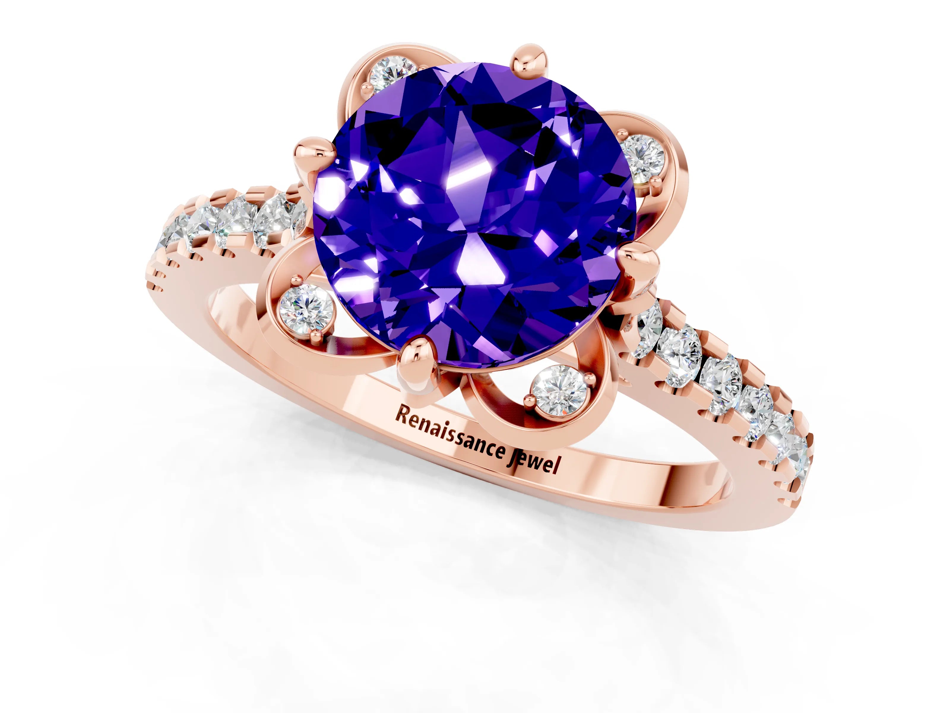 Rose gold Round Cut Tanzanite Ring with Pavé Band and Floral Prong Setting_1