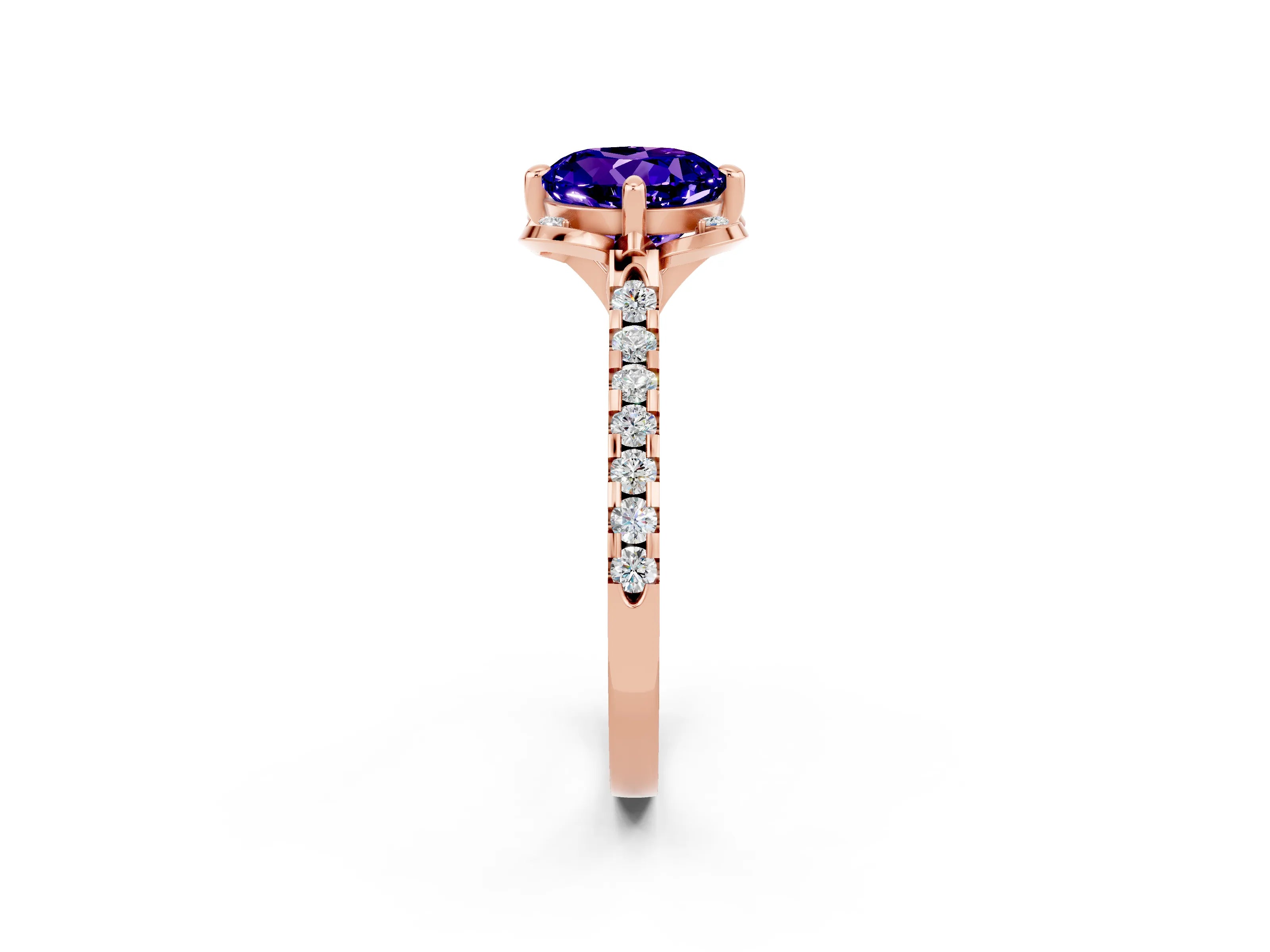 Rose gold Round Cut Tanzanite Ring with Pavé Band and Floral Prong Setting_2