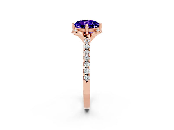 Rose gold Round Cut Tanzanite Ring with Pavé Band and Floral Prong Setting