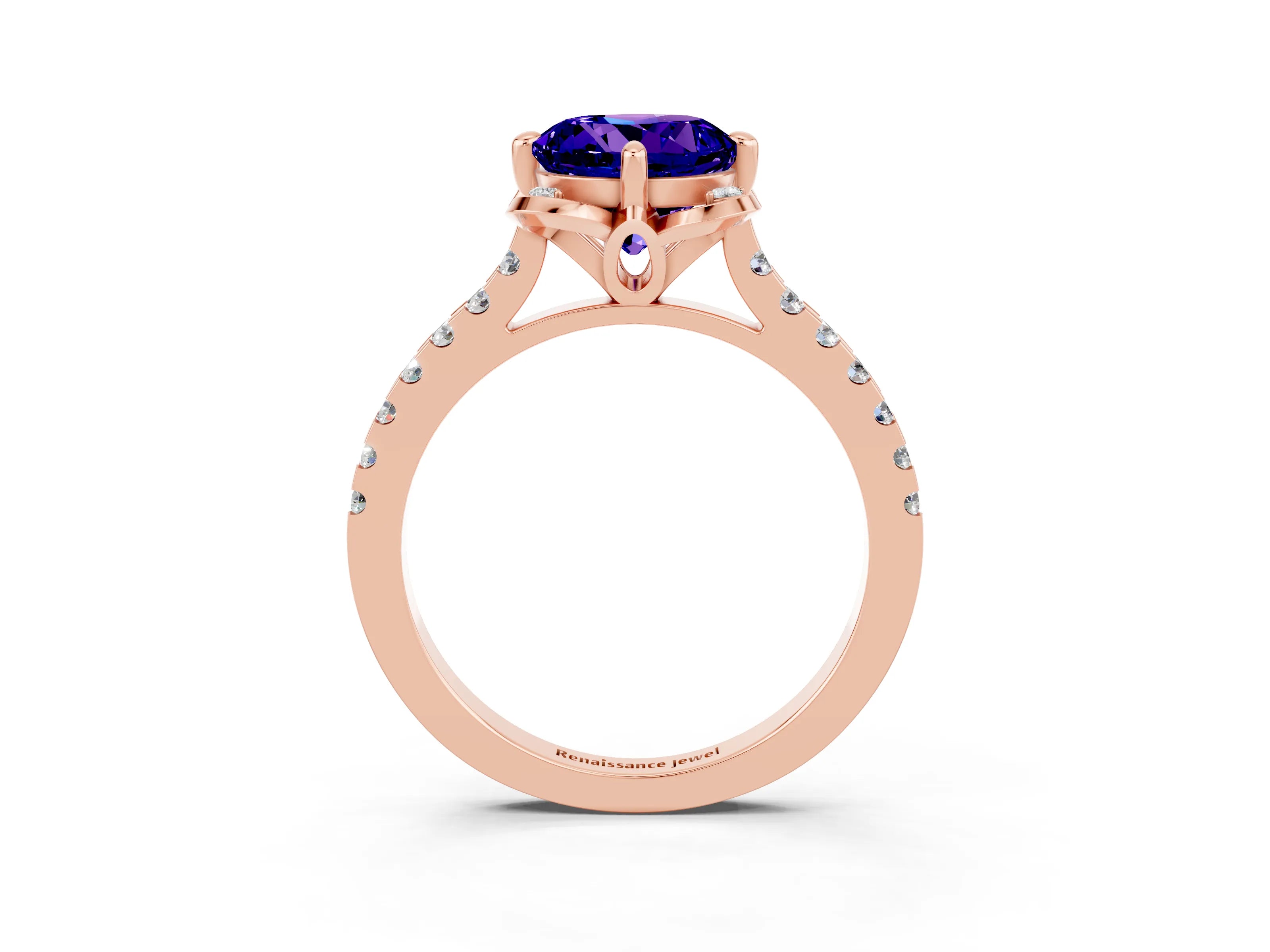 Rose gold Round Cut Tanzanite Ring with Pavé Band and Floral Prong Setting_3