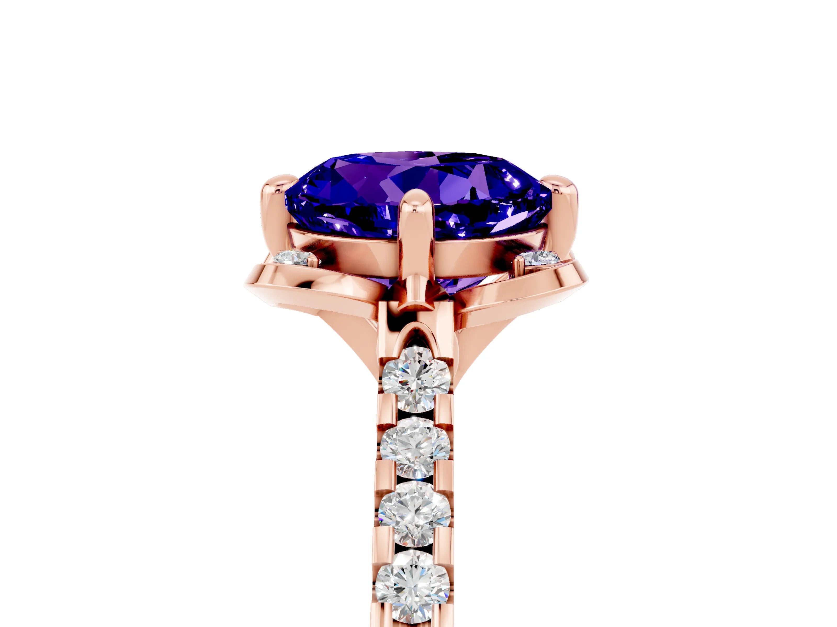 Rose gold Round Cut Tanzanite Ring with Pavé Band and Floral Prong Setting_5