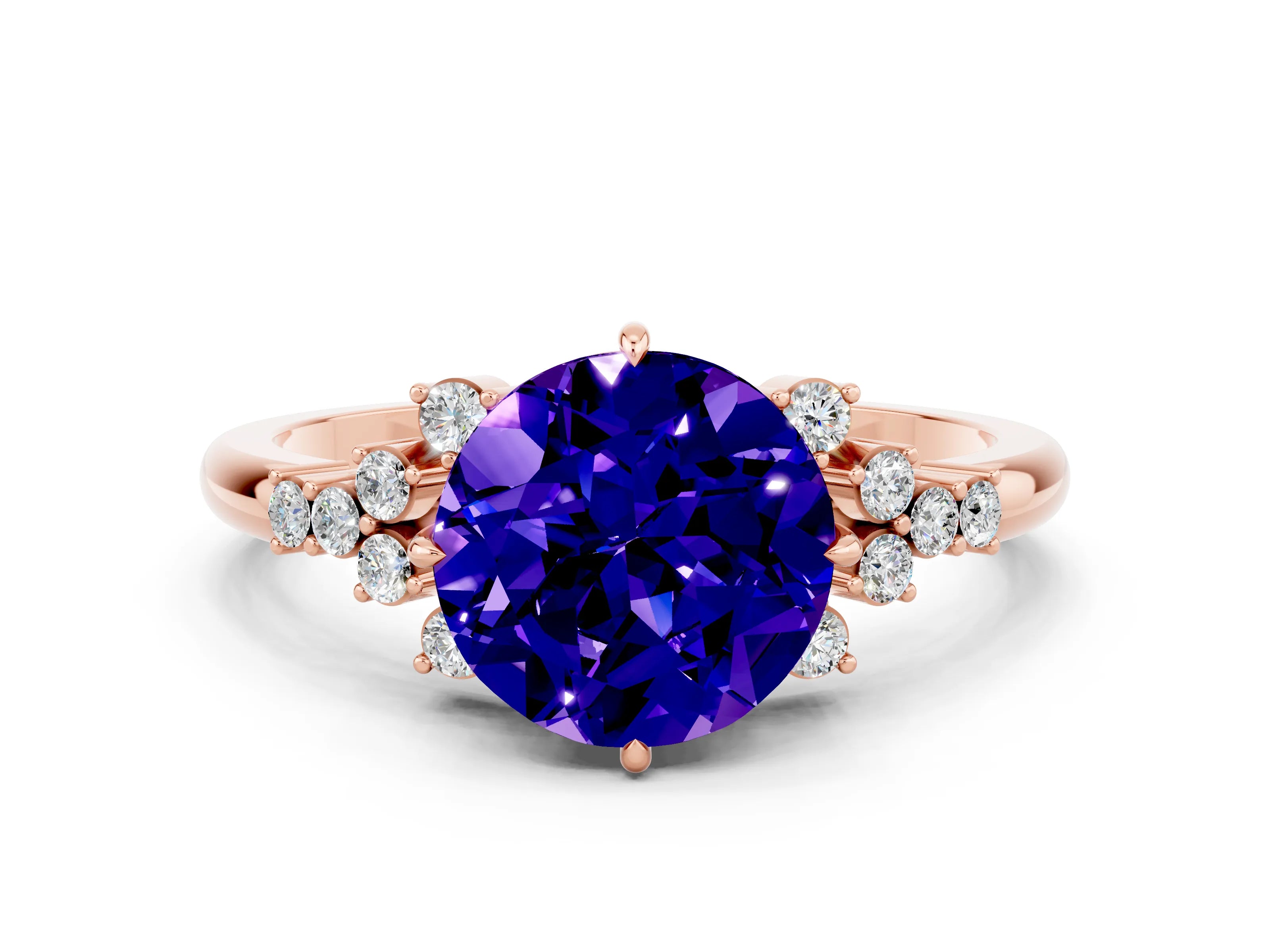 Rose gold Round Cut Tanzanite Ring with Side Stones and Four-Prong Setting_36