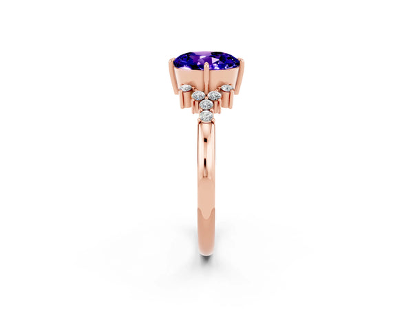 Rose gold Round Cut Tanzanite Ring with Side Stones and Four-Prong Setting