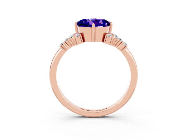 Rose gold Round Cut Tanzanite Ring with Side Stones and Four-Prong Setting
