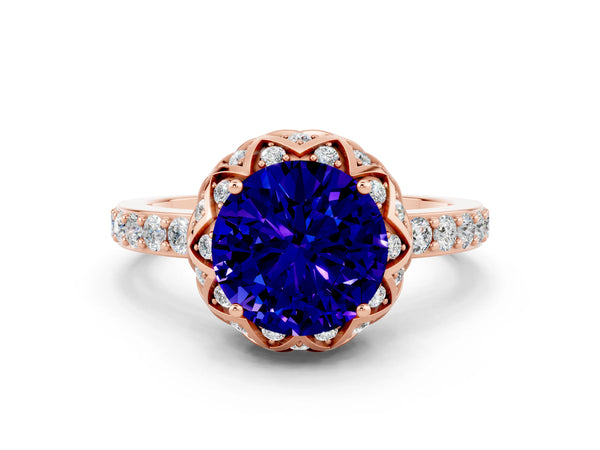 Rose gold Round Cut Tanzanite Scalloped Halo Engagement Ring with Round Shared Prong Band