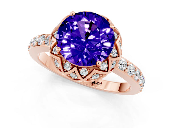 Rose gold Round Cut Tanzanite Scalloped Halo Engagement Ring with Round Shared Prong Band