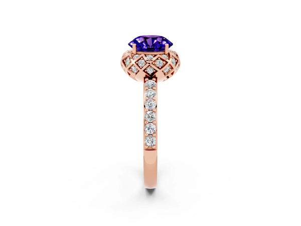 Rose gold Round Cut Tanzanite Scalloped Halo Engagement Ring with Round Shared Prong Band