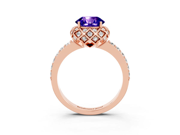 Rose gold Round Cut Tanzanite Scalloped Halo Engagement Ring with Round Shared Prong Band