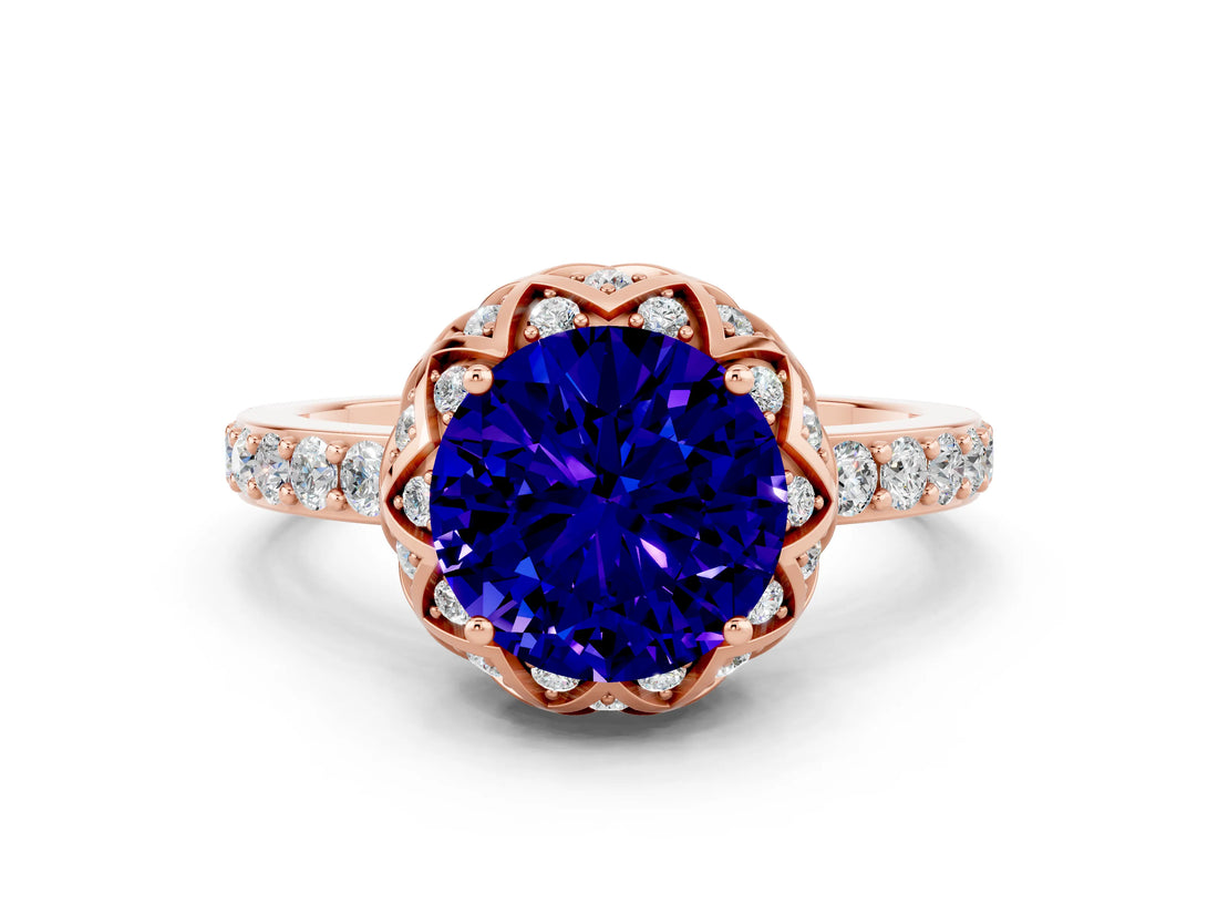 Rose gold Round Cut Tanzanite Scalloped Halo Engagement Ring with Round Shared Prong Band_24