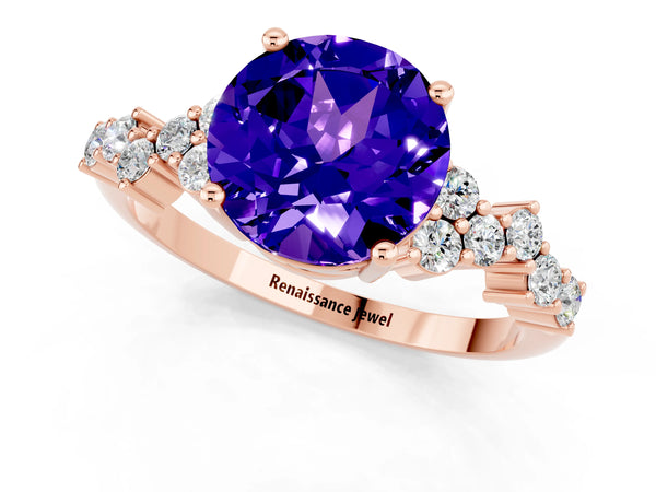 Rose gold Round Cut Tanzanite Scattered Round Accent Ring with Prong Setting