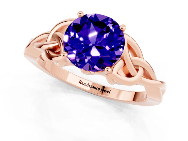 Rose gold Round Cut Tanzanite Solitaire Celtic Knot Ring with Four-Prong Setting
