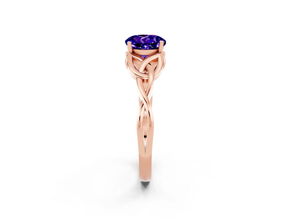 Rose gold Round Cut Tanzanite Solitaire Celtic Knot Ring with Four-Prong Setting