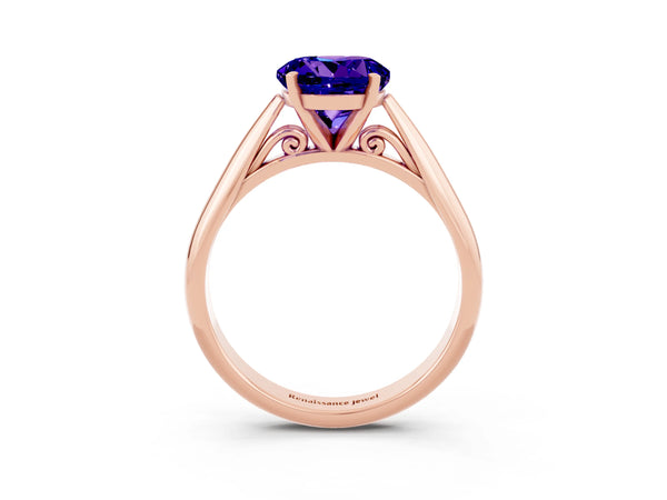 Rose gold Round Cut Tanzanite Solitaire Engagement Ring with Cathedral Setting and Four-Prong Mount