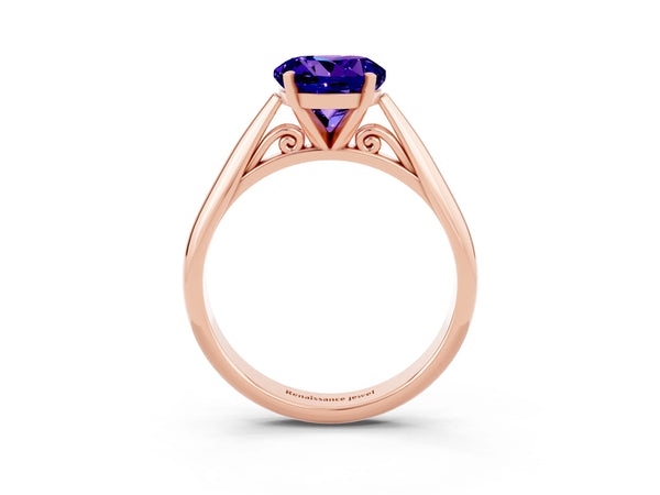 Rose gold Round Cut Tanzanite Solitaire Engagement Ring with Cathedral Setting and Four-Prong Mount