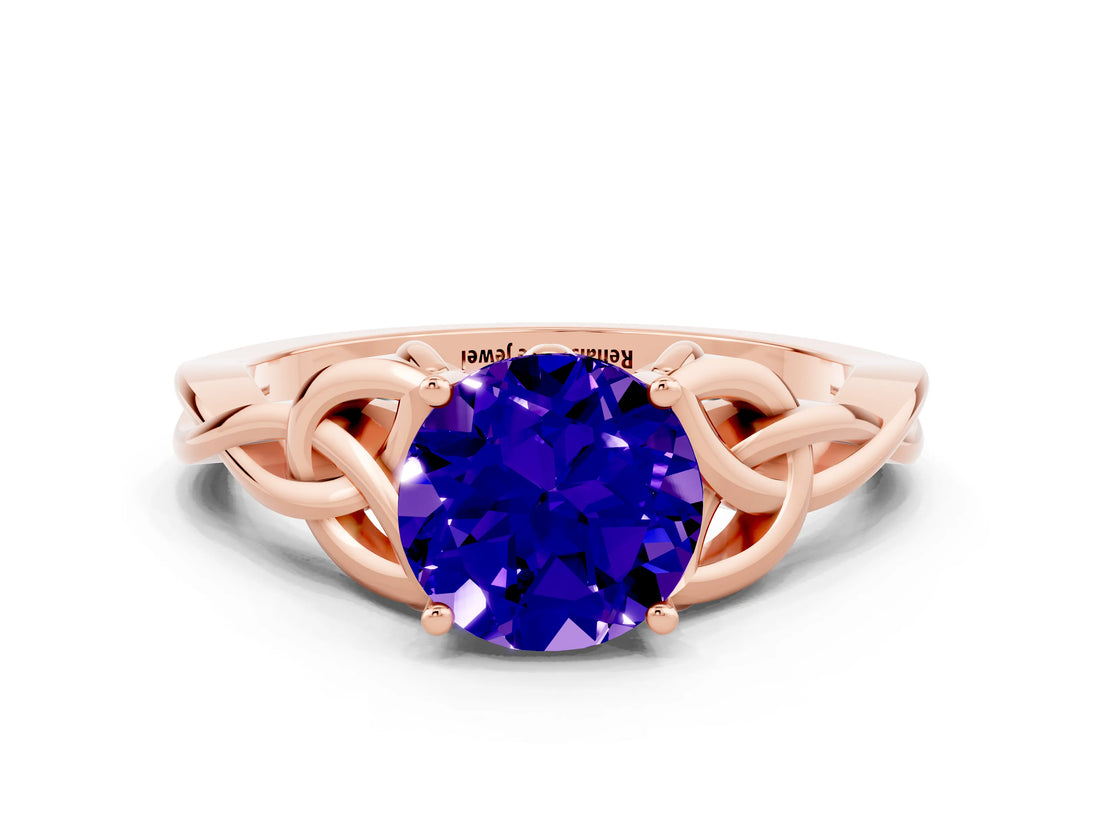 Rose gold Round Cut Tanzanite Solitaire Engagement Ring with Celtic Knot Band and Four-Prong Setting