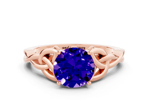 Rose gold Round Cut Tanzanite Solitaire Engagement Ring with Celtic Knot Band and Four-Prong Setting