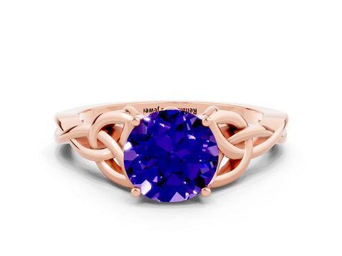 Rose gold Round Cut Tanzanite Solitaire Engagement Ring with Celtic Knot Band and Four-Prong Setting
