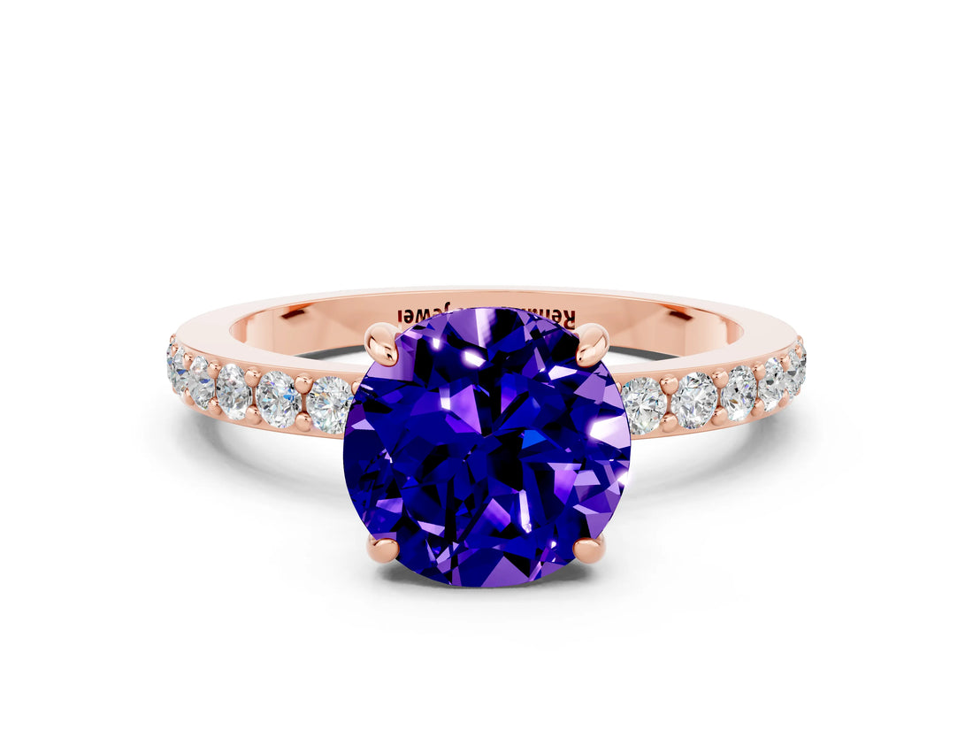 Rose gold Round Cut Tanzanite Solitaire Engagement Ring with Pavé Band and Four-Prong Setting