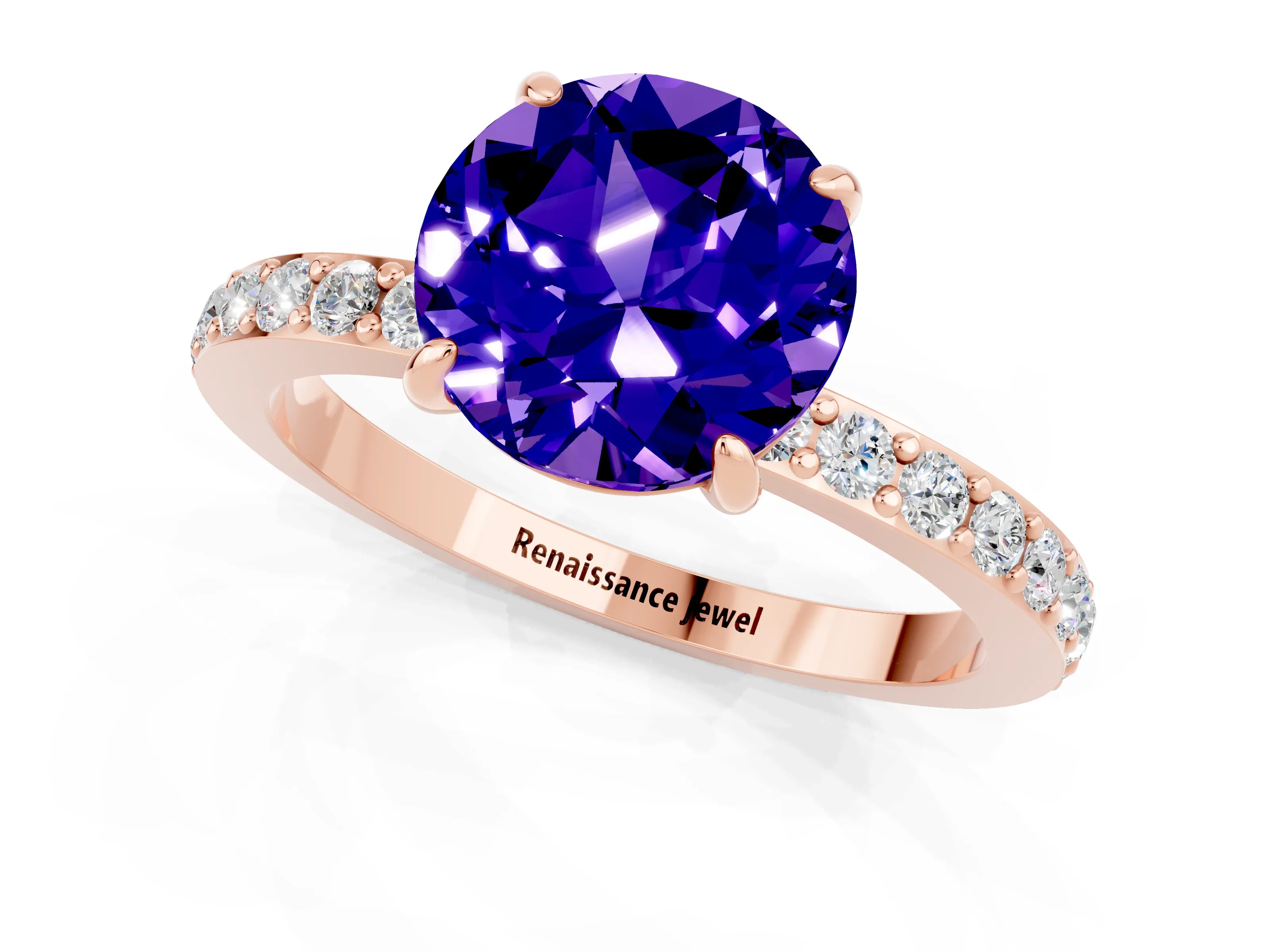Rose gold Round Cut Tanzanite Solitaire Engagement Ring with Pavé Band and Four-Prong Setting_1