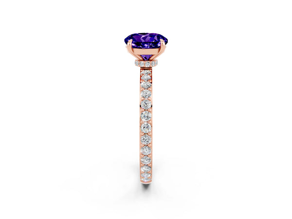 Rose gold Round Cut Tanzanite Solitaire Engagement Ring with Pavé Band and Four-Prong Setting
