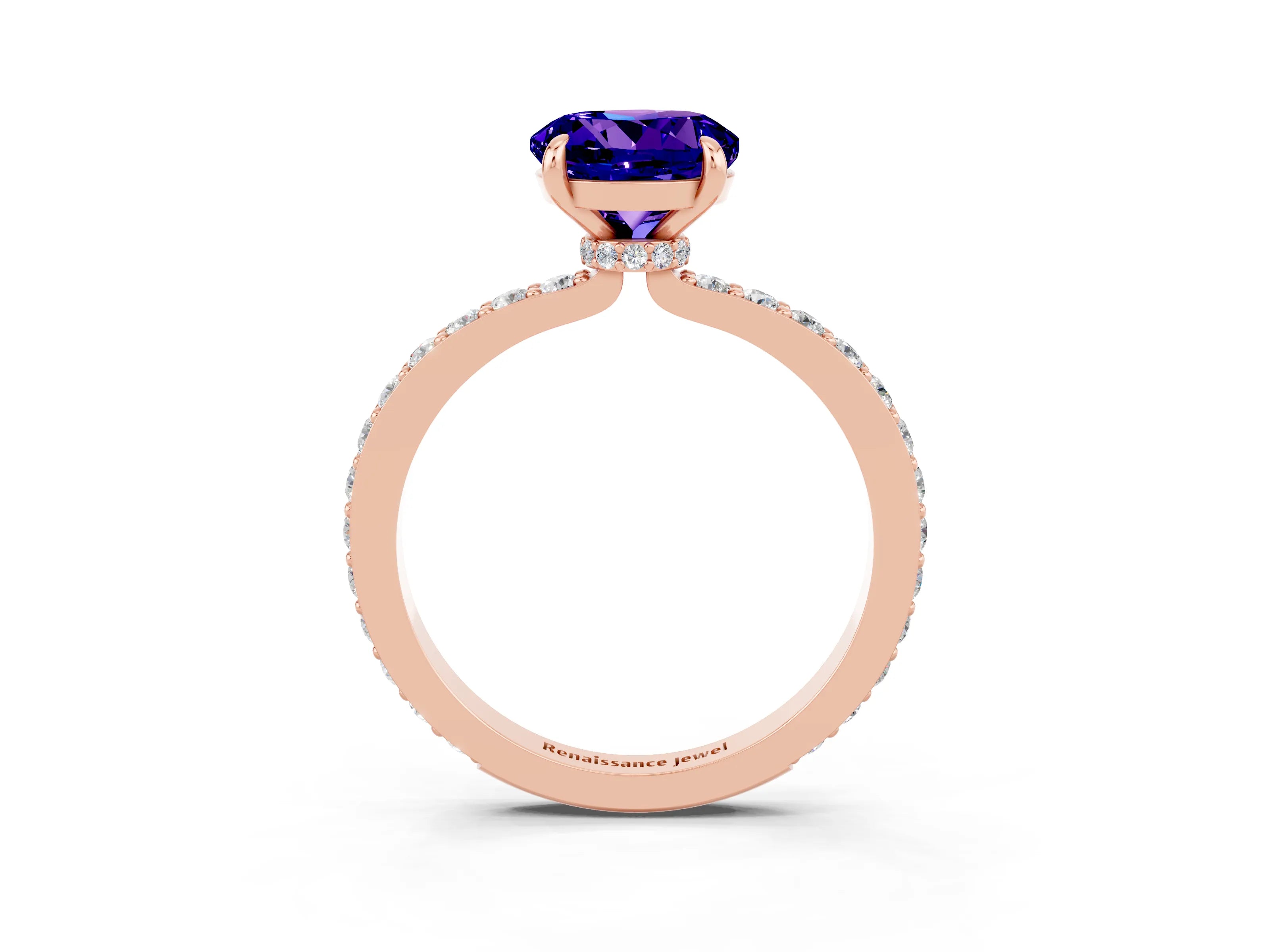Rose gold Round Cut Tanzanite Solitaire Engagement Ring with Pavé Band and Four-Prong Setting_3