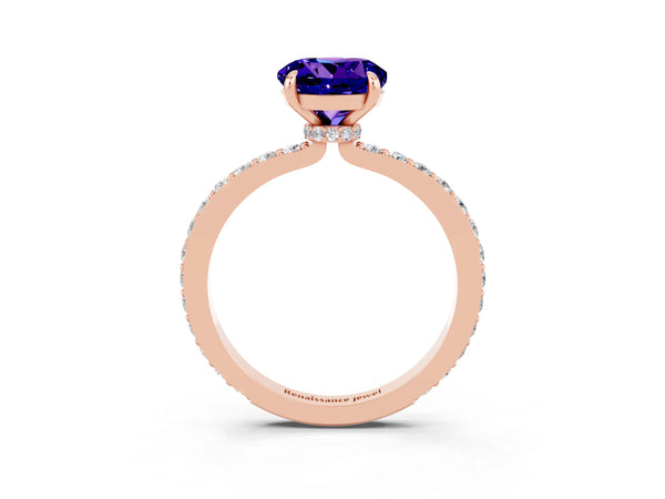 Rose gold Round Cut Tanzanite Solitaire Engagement Ring with Pavé Band and Four-Prong Setting