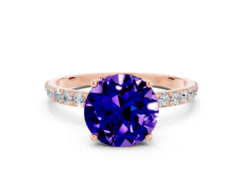 Rose gold Round Cut Tanzanite Solitaire Engagement Ring with Pavé Band and Prong Setting