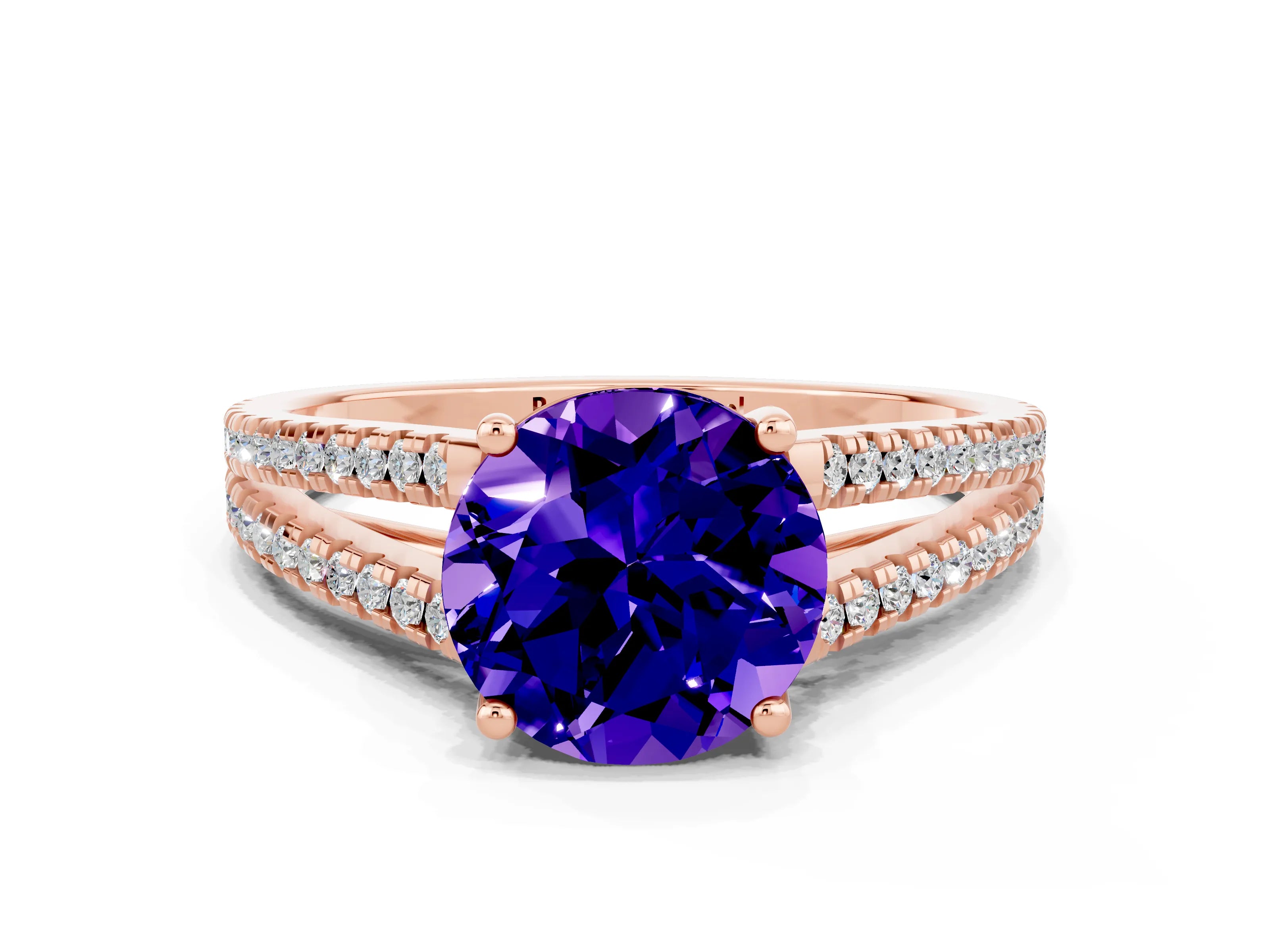 Rose gold Round Cut Tanzanite Solitaire Engagement Ring with Split Shank Pavé Band