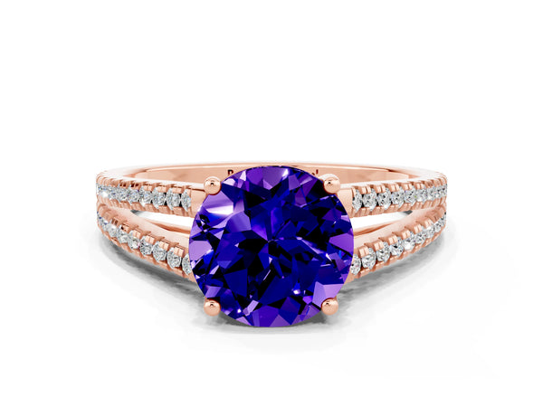 Rose gold Round Cut Tanzanite Solitaire Engagement Ring with Split Shank Pavé Band