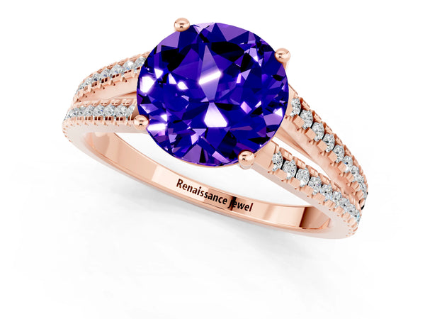 Rose gold Round Cut Tanzanite Solitaire Engagement Ring with Split Shank Pavé Band