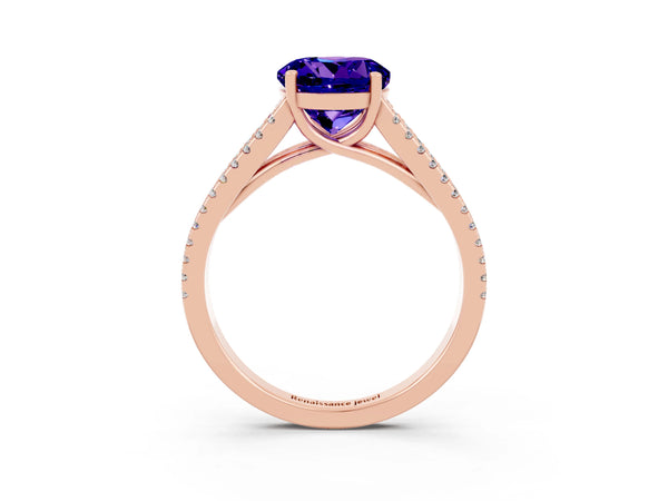 Rose gold Round Cut Tanzanite Solitaire Engagement Ring with Split Shank Pavé Band