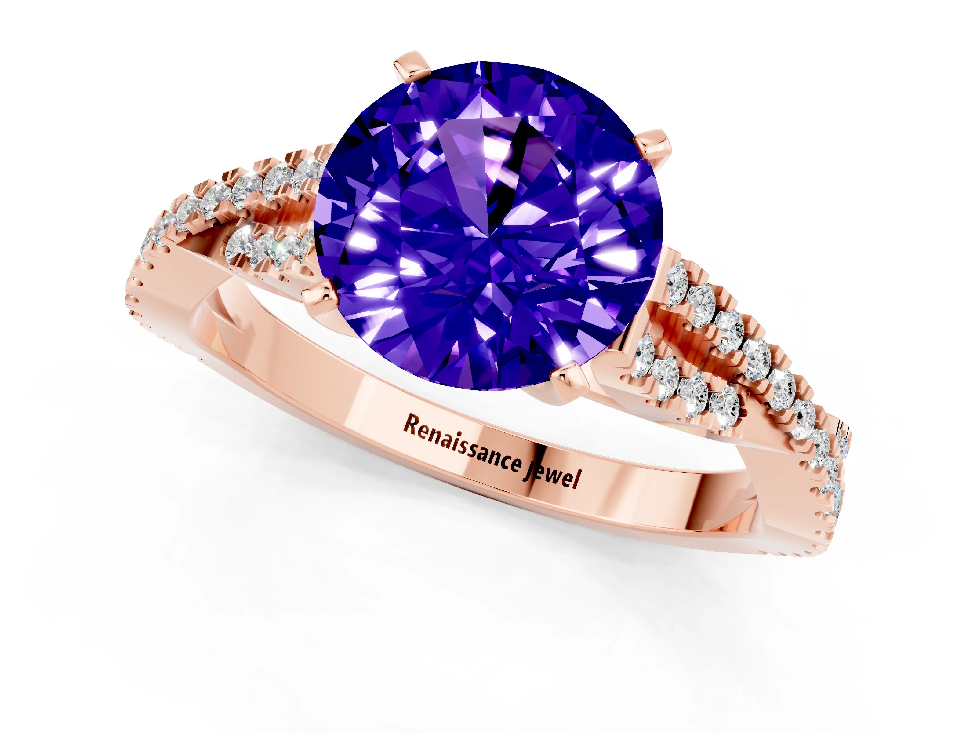Rose gold Round Cut Tanzanite Solitaire Engagement Ring with Twisted Pavé Band and Four-Prong Setting_13