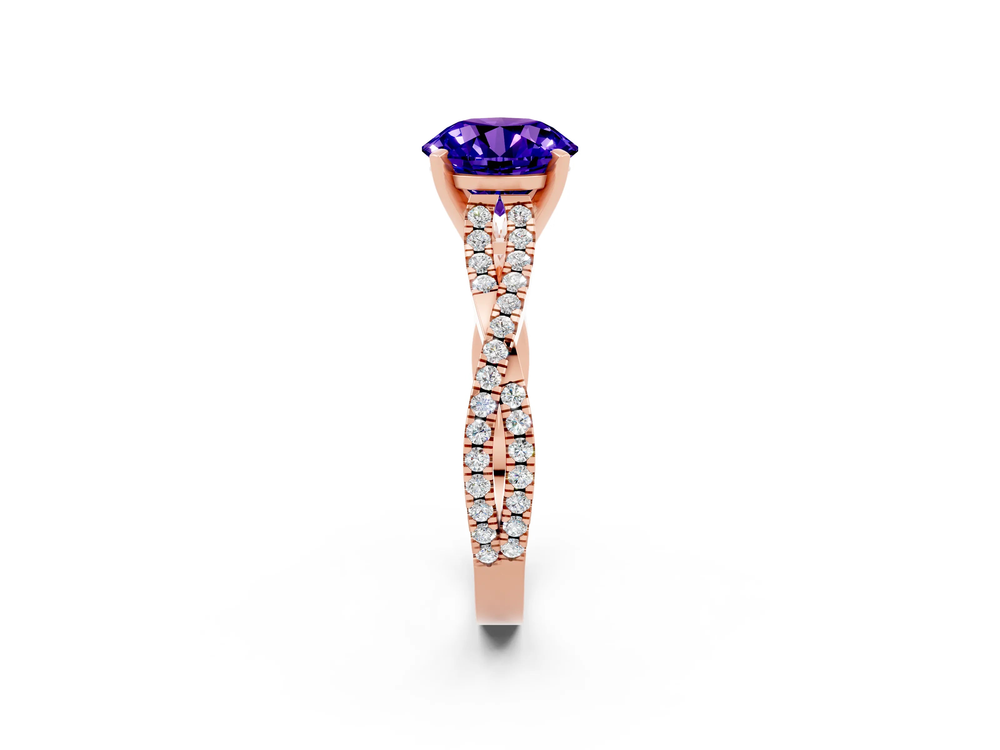 Rose gold Round Cut Tanzanite Solitaire Engagement Ring with Twisted Pavé Band and Four-Prong Setting_14