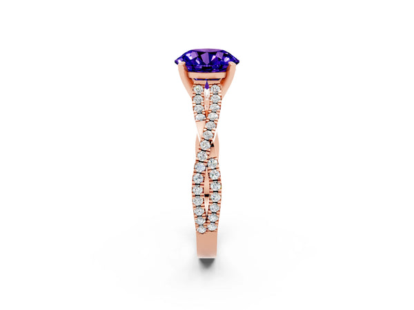 Rose gold Round Cut Tanzanite Solitaire Engagement Ring with Twisted Pavé Band and Four-Prong Setting