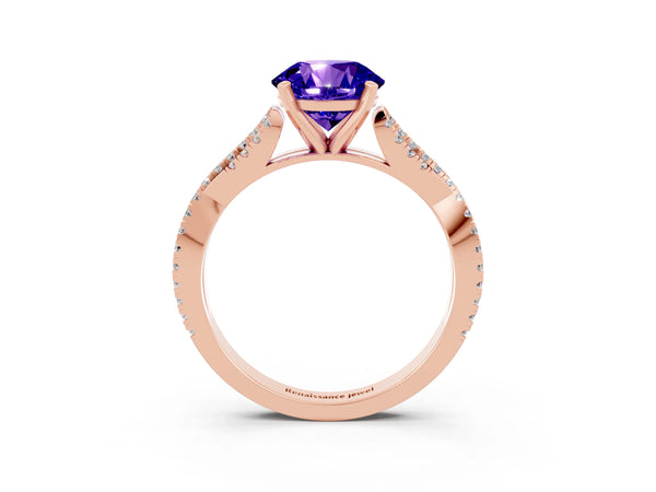 Rose gold Round Cut Tanzanite Solitaire Engagement Ring with Twisted Pavé Band and Four-Prong Setting
