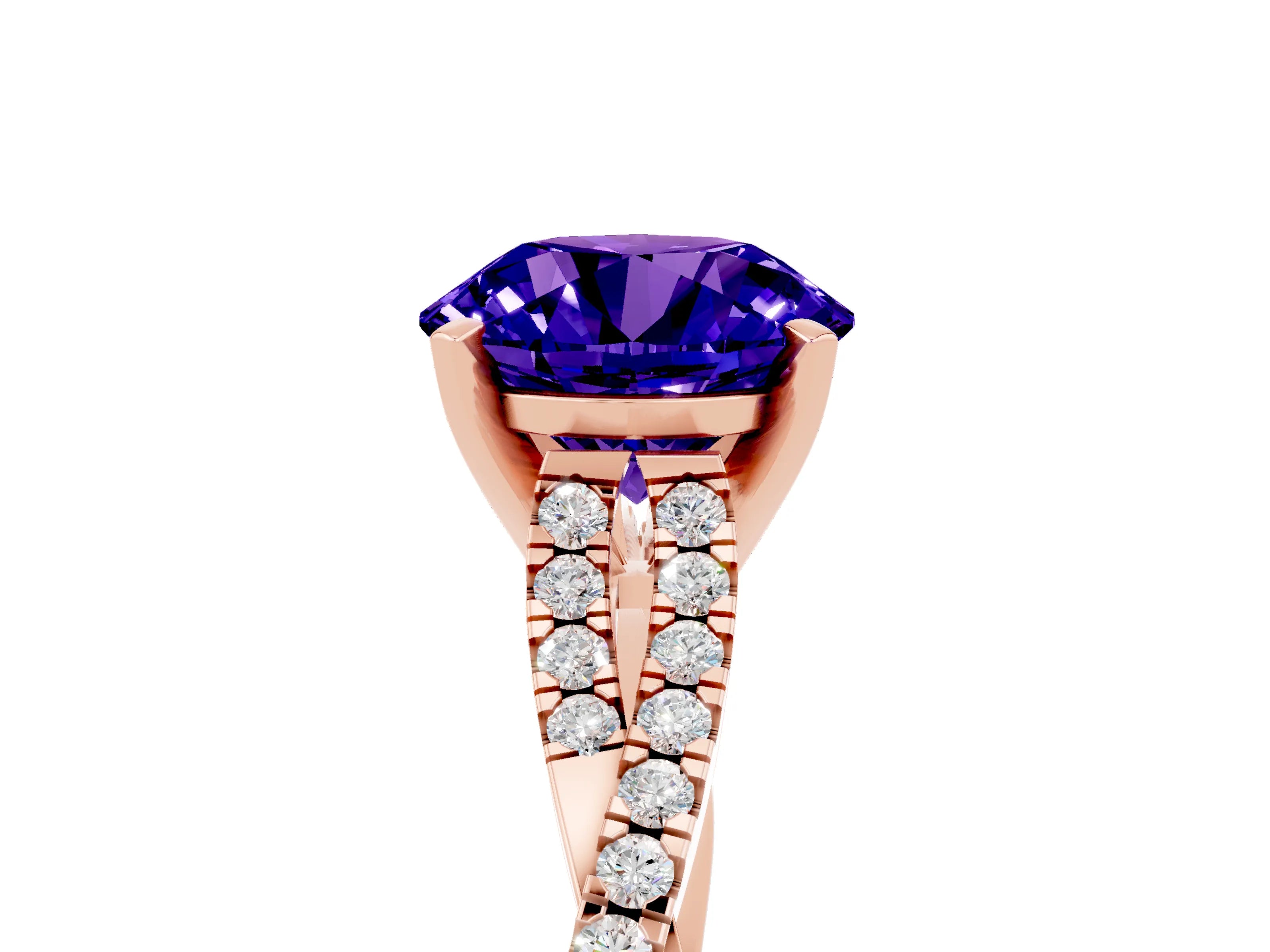 Rose gold Round Cut Tanzanite Solitaire Engagement Ring with Twisted Pavé Band and Four-Prong Setting_17
