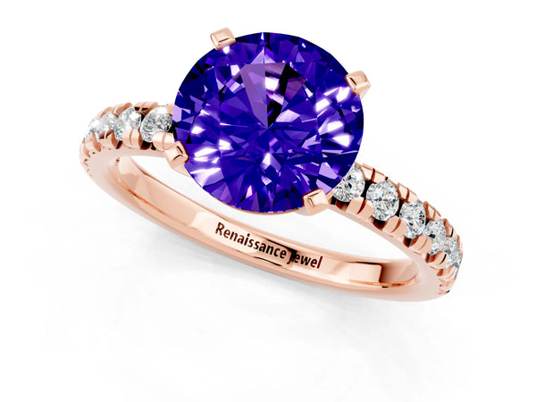 Rose gold Round Cut Tanzanite Solitaire Pavé Engagement Ring with Round Band and Prong Setting