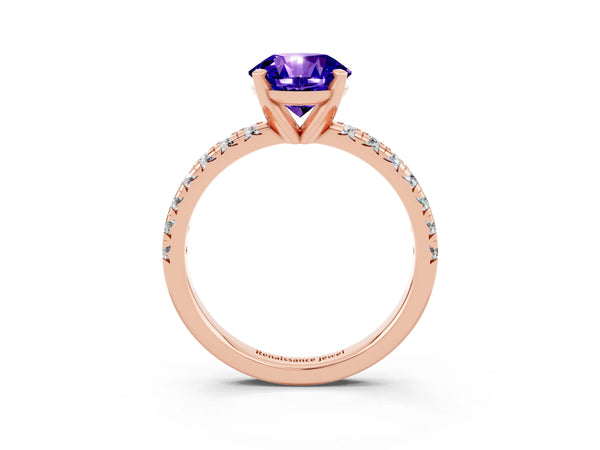 Rose gold Round Cut Tanzanite Solitaire Pavé Engagement Ring with Round Band and Prong Setting