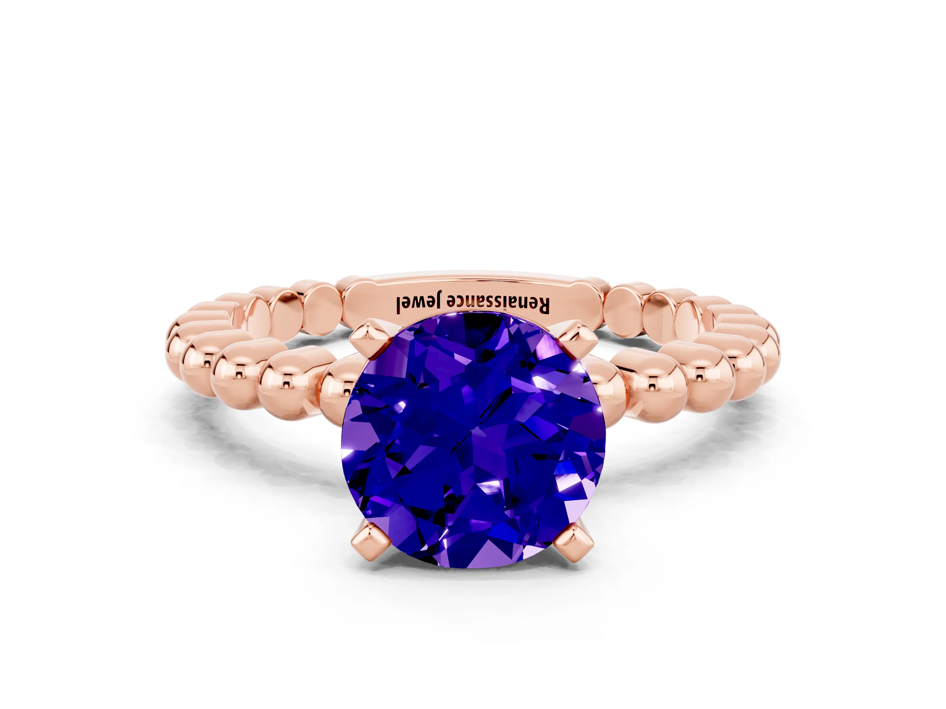 Rose gold Round Cut Tanzanite Solitaire Ring with Beaded Band and Prong Setting