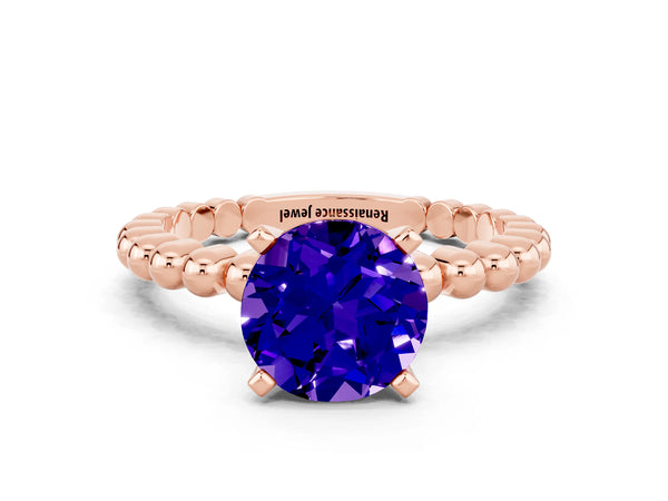 Rose gold Round Cut Tanzanite Solitaire Ring with Beaded Band and Prong Setting