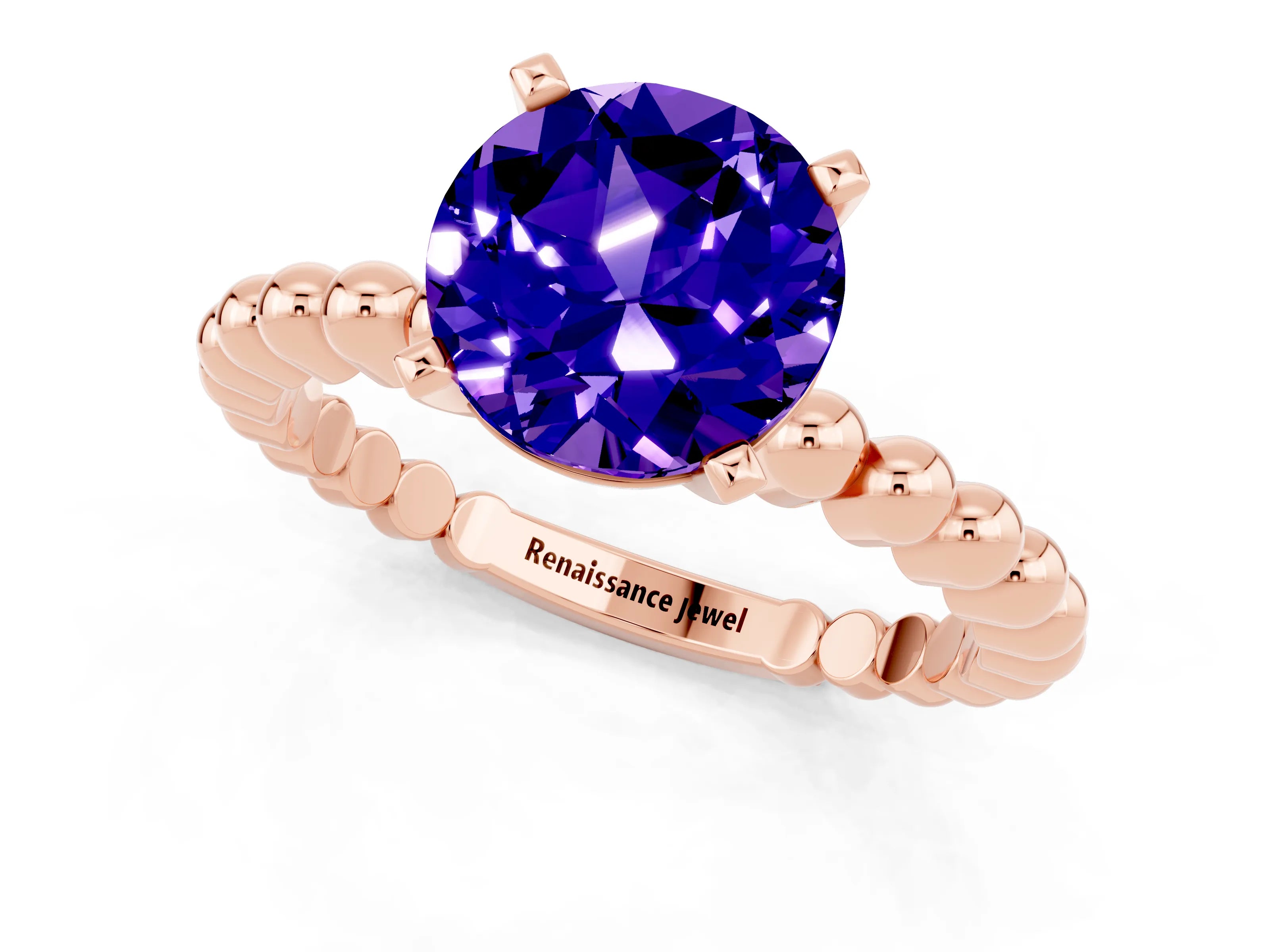 Rose gold Round Cut Tanzanite Solitaire Ring with Beaded Band and Prong Setting_1