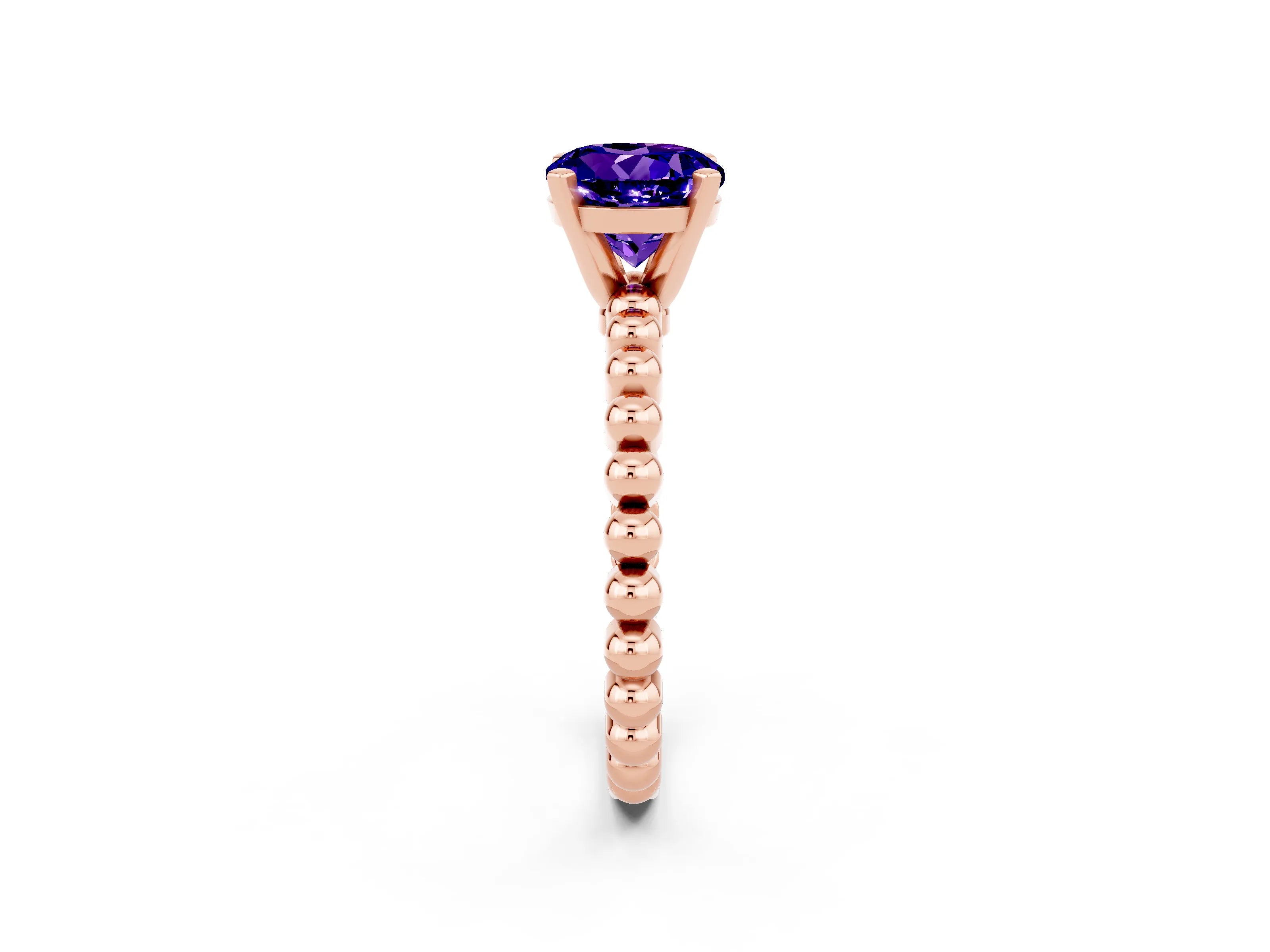 Rose gold Round Cut Tanzanite Solitaire Ring with Beaded Band and Prong Setting_2