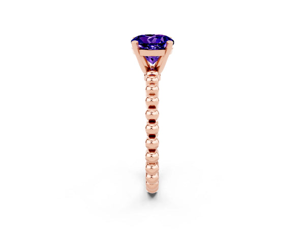 Rose gold Round Cut Tanzanite Solitaire Ring with Beaded Band and Prong Setting
