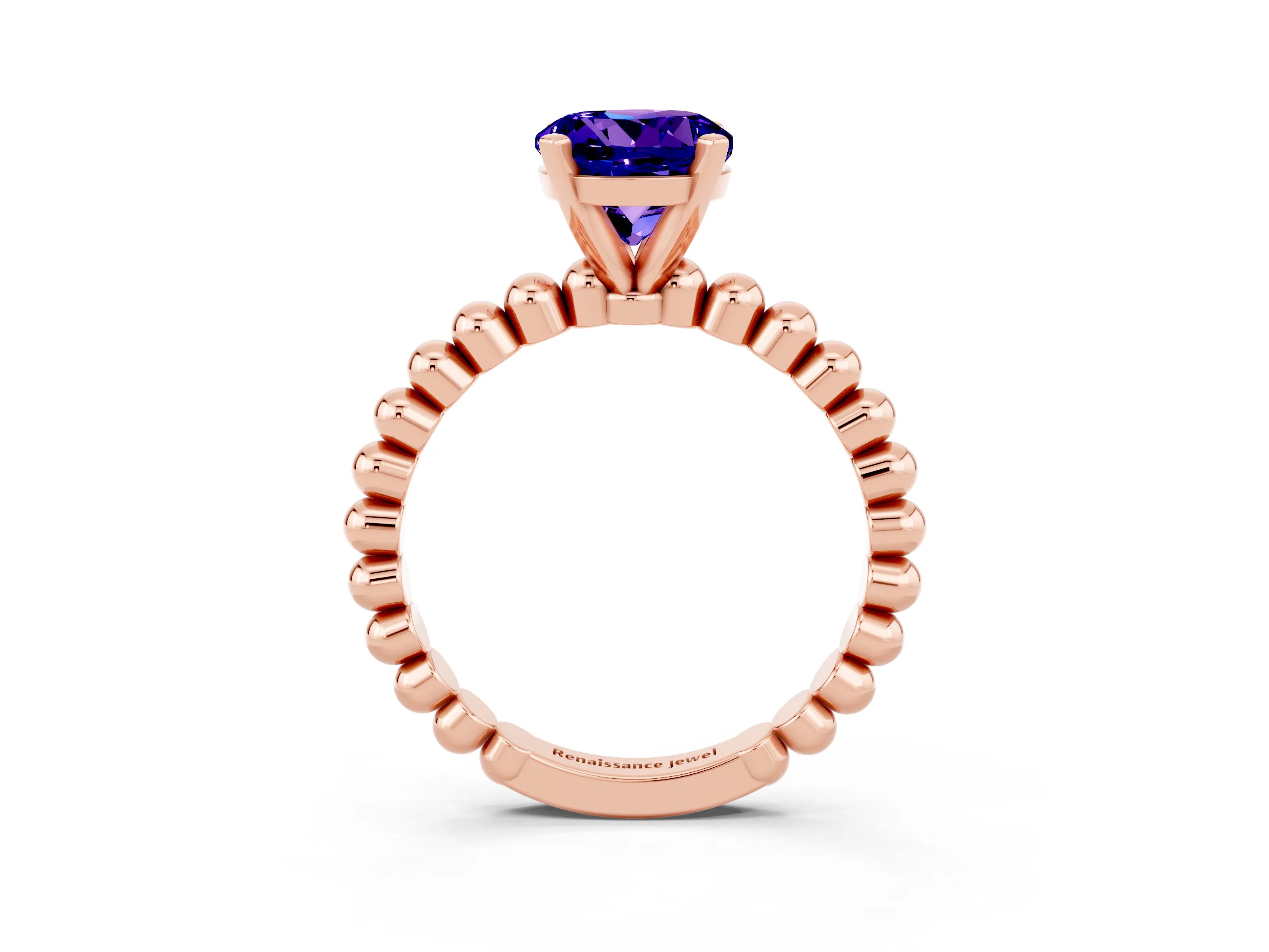 Rose gold Round Cut Tanzanite Solitaire Ring with Beaded Band and Prong Setting_3