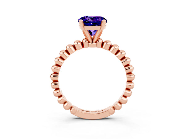Rose gold Round Cut Tanzanite Solitaire Ring with Beaded Band and Prong Setting