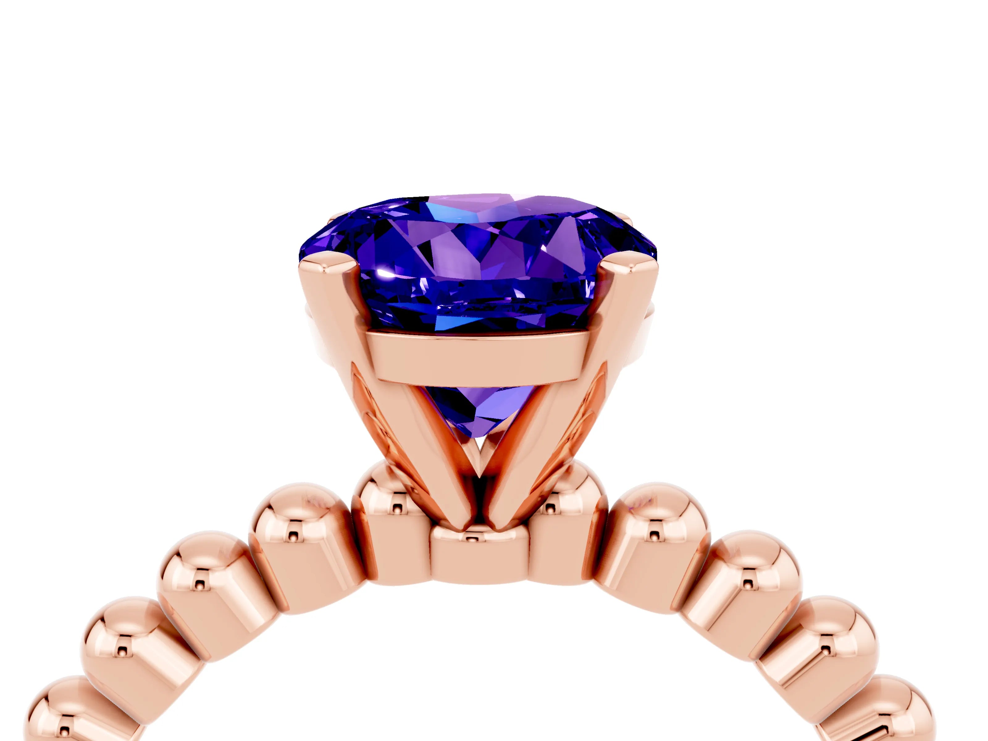 Rose gold Round Cut Tanzanite Solitaire Ring with Beaded Band and Prong Setting_4