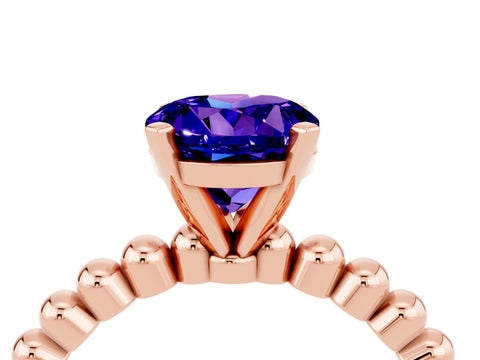 Rose gold Round Cut Tanzanite Solitaire Ring with Beaded Band and Prong Setting_4